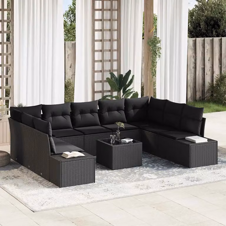 Set Divano da Giardino Moderno vidaXL in Polyrattan Nero con Cuscini e Tavolino da Esterno