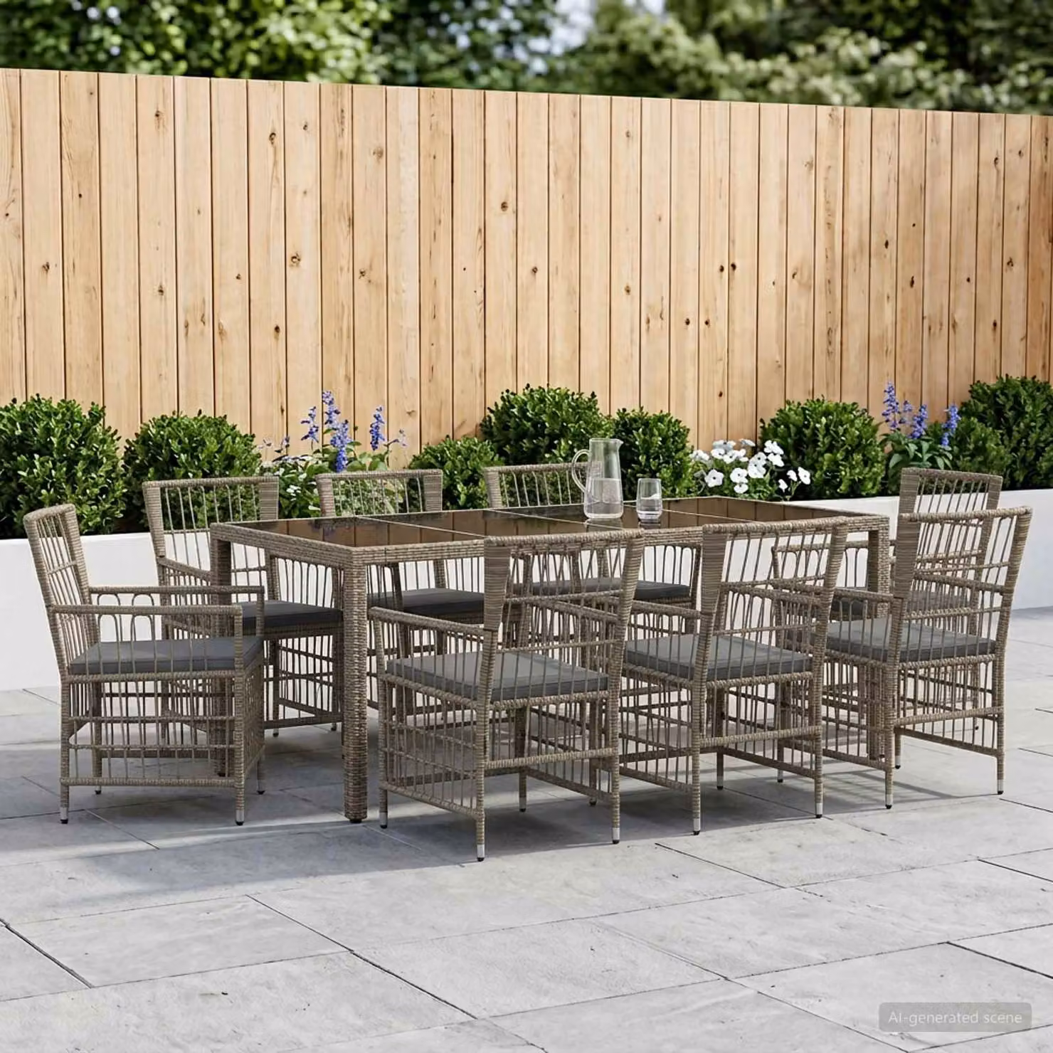 Set da pranzo per esterni vidaXL in polyrattan e vetro grigio, 9 pezzi