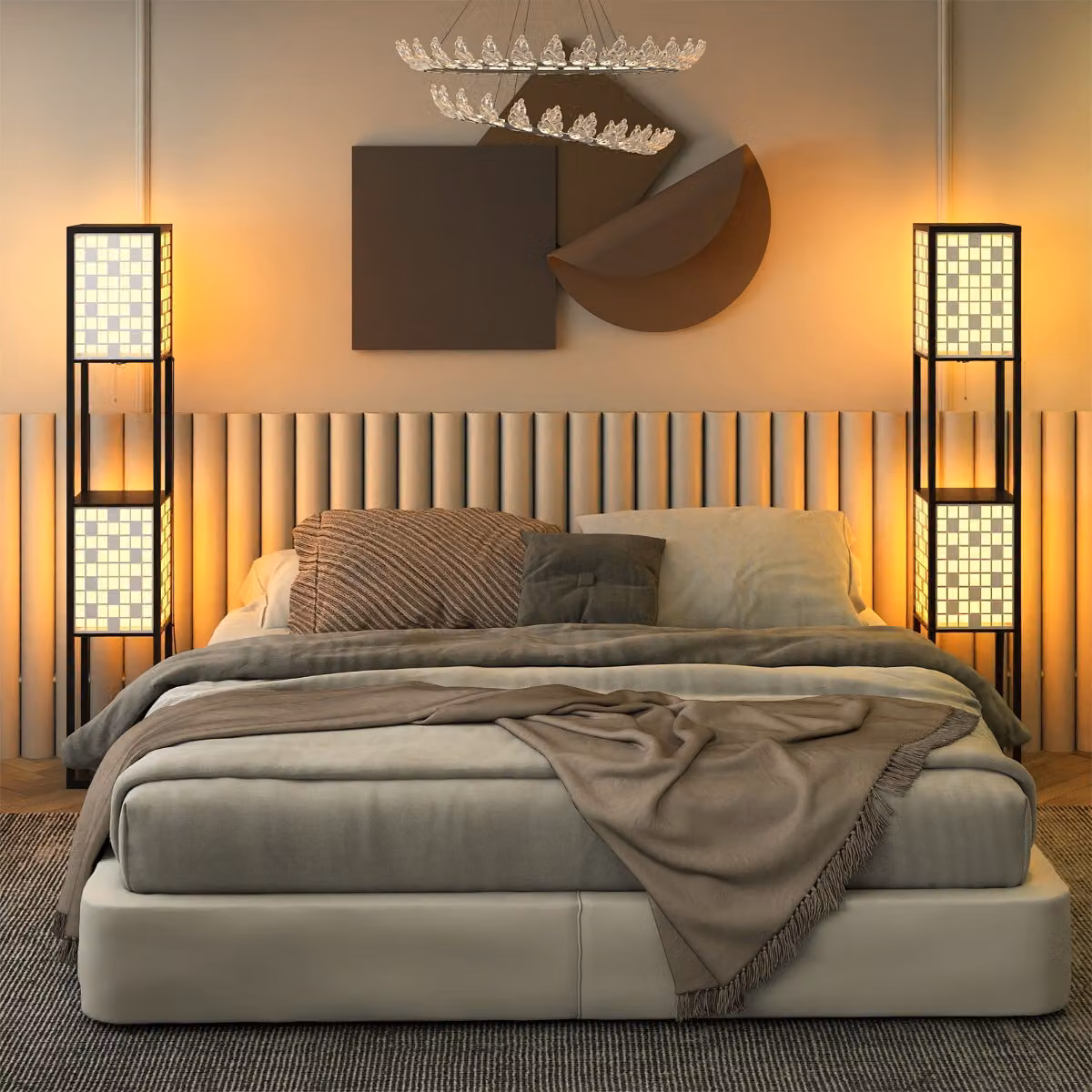 Costway Lampada da terra moderna con 2 ripiani in metallo e paralumi in tessuto bianco per soggiorno e camera da letto