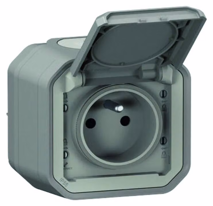 Legrand - Presa con messa a terra a prova d'acqua, con sportellino, in plexiglass, 16 A, 250 V, fornita completa per il montaggio a vista in grigio