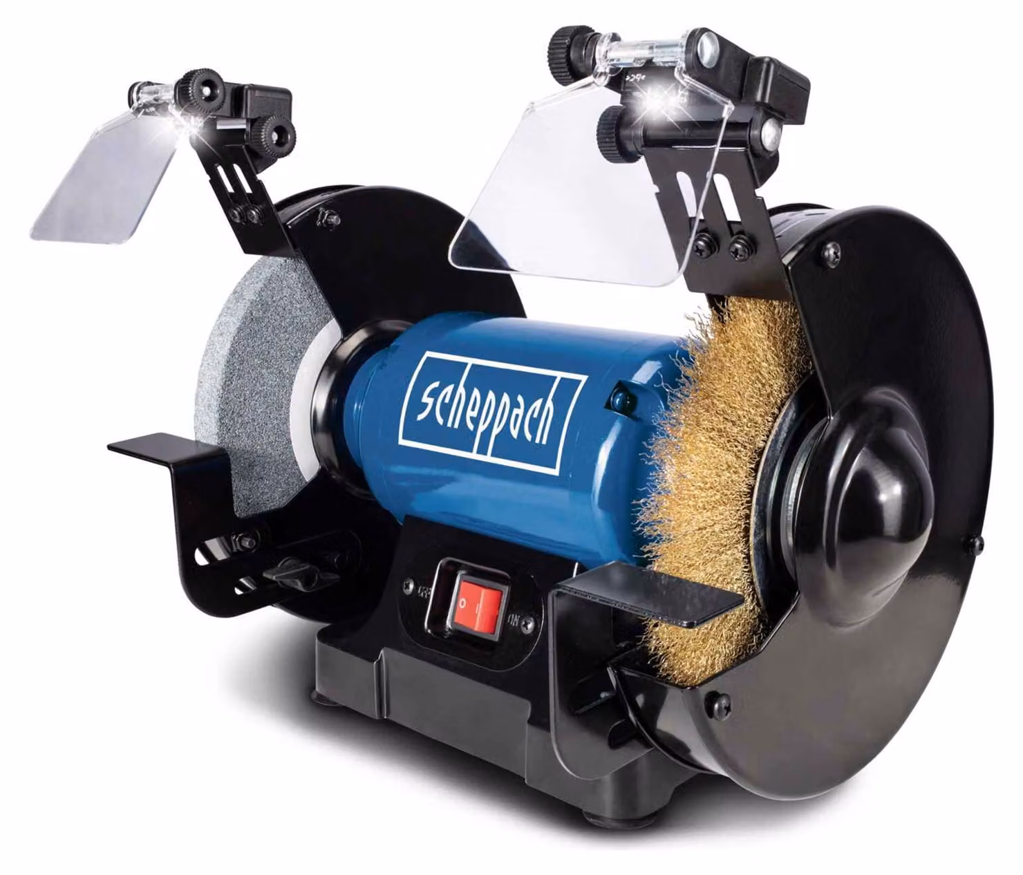 Levigatrice doppia Scheppach SM200LB con illuminazione LED 230V | 500 Watt | mola 200x20mm | K36 | spazzola metallica 16mm di larghezza