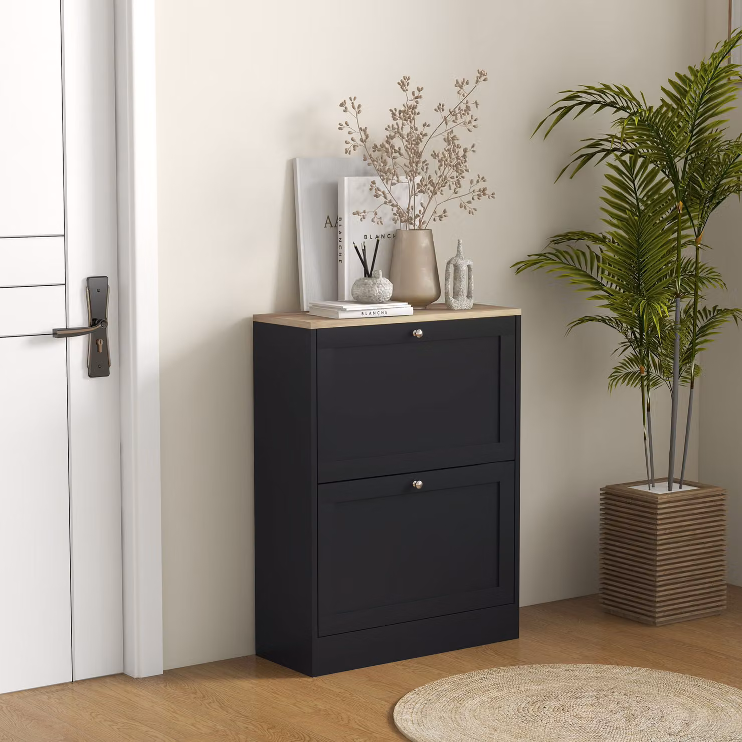 Scarpiera da ingresso HOMCOM nera con 2 cassetti ribaltabili e ripiani regolabili per 12 paia di scarpe, L: 60 cm, P: 23,5 cm, H: 80 cm – 2