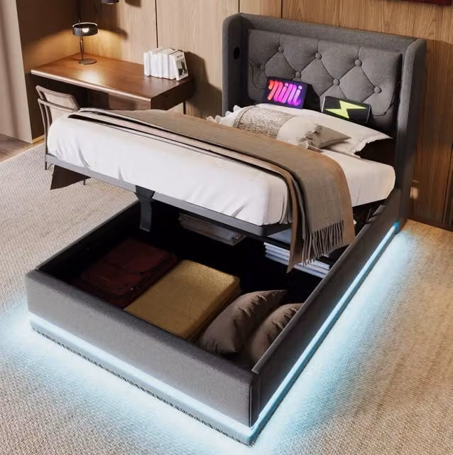 Letto imbottito 90x200 cm in cotone grigio con contenitore; LED su 3 lati e USB Type-C