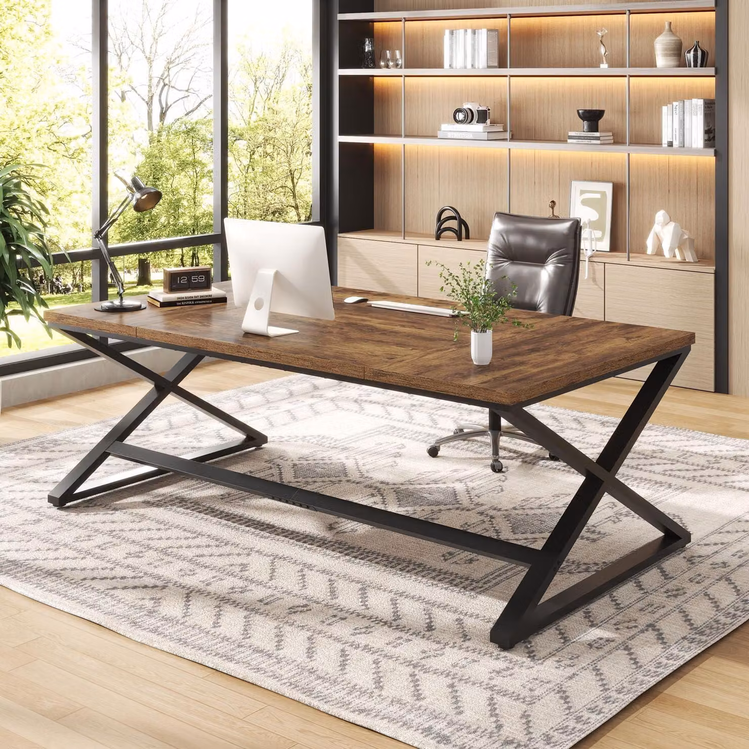 Scrivania per computer, 180 cm, stile rustico marrone, realizzata in metallo e legno composito