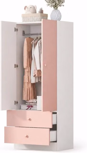Armadio moderno per camera da letto in legno e MDF con ante a battente, vano appendiabiti e 2 cassetti interni, colore rosa e bianco, L: 70 cm, P: 40 cm, H: 170 cm