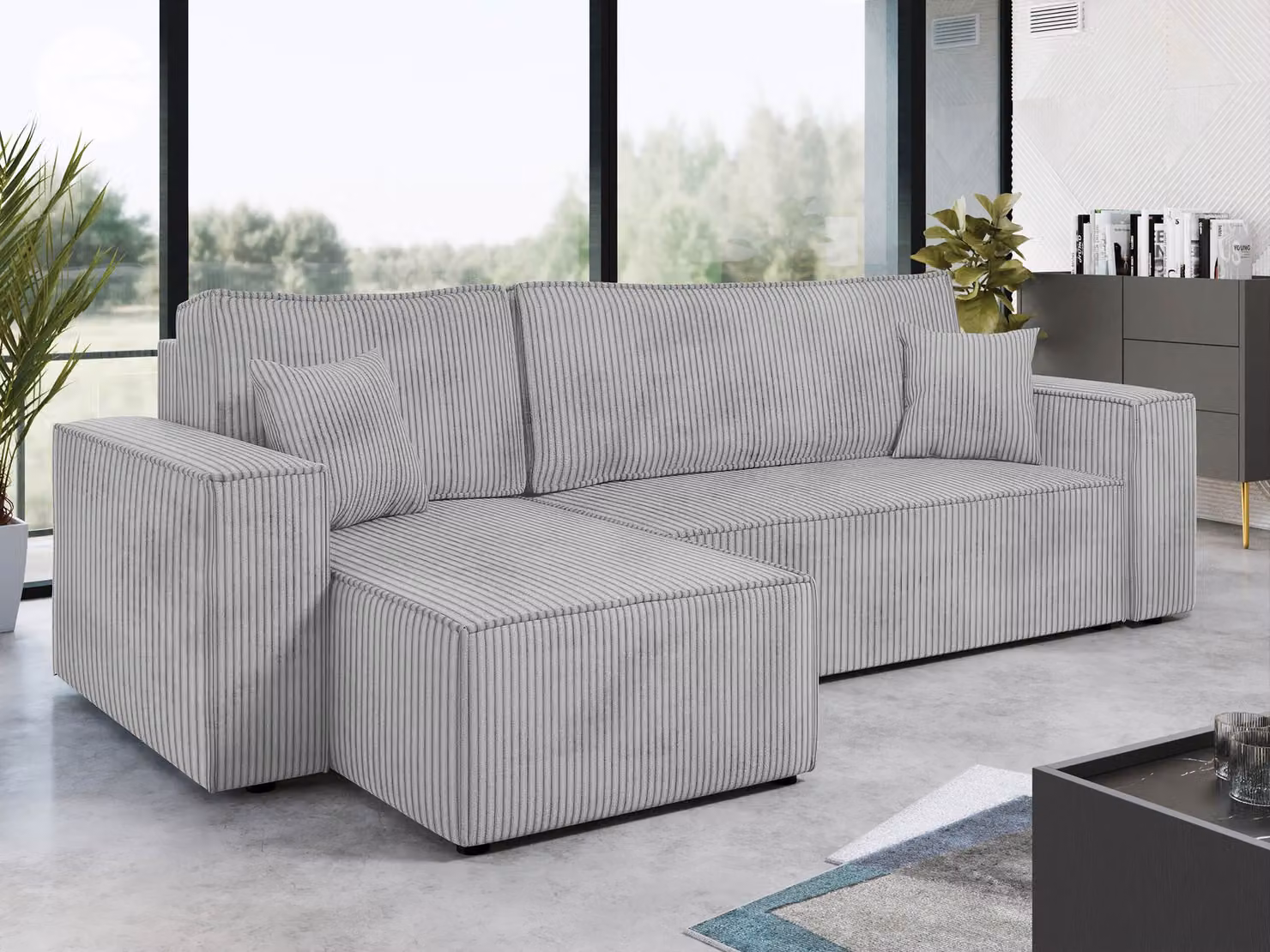 MIRJAN24 Divano ad angolo Karl in tessuto con contenitore e funzione letto, lato universale, schienale composto da cuscini mobili (colore: Poso 110)