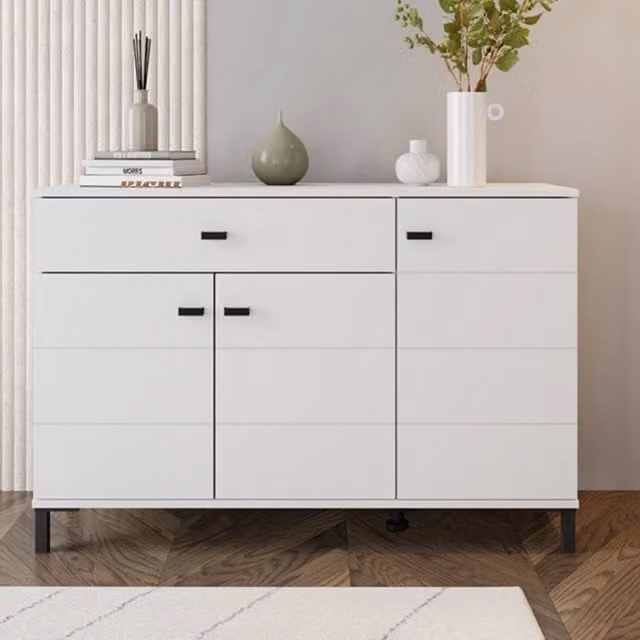 Madia Djanet DMORA con 2 ripiani, Bianco, L: 116 cm, P: 35 cm, H: 78 cm