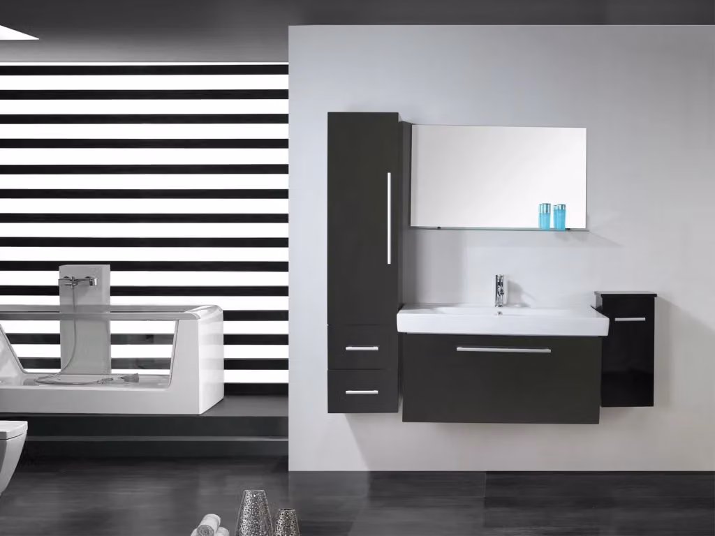 Mobile bagno moderno Simbashopping nero con lavabo, colonna e specchiera in MDF L: 100 cm, P: 48 cm, H: 150 cm – 2