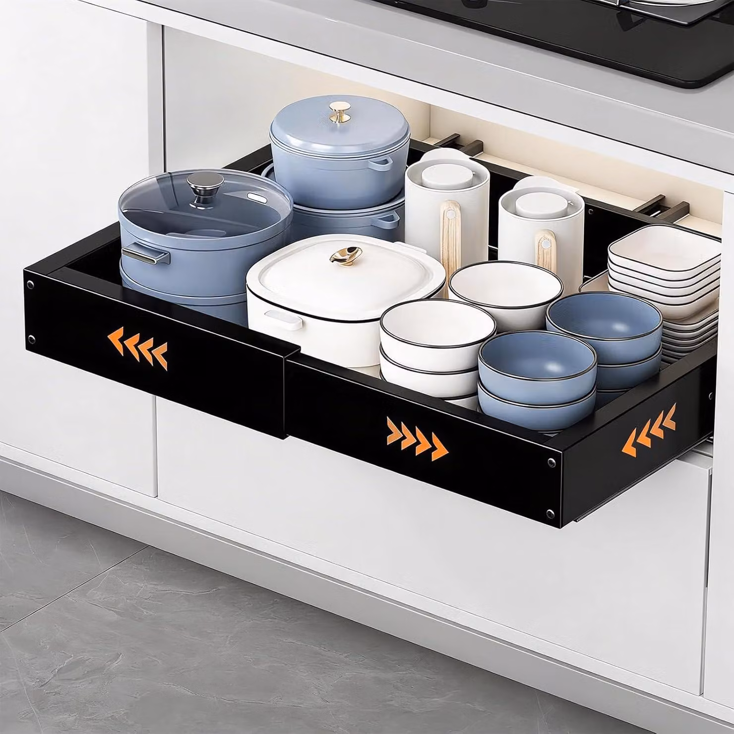 Cassetto estraibile per cucina, da 41,5 a 55 cm, colore nero, da installare senza foratura, ideale per la cucina
