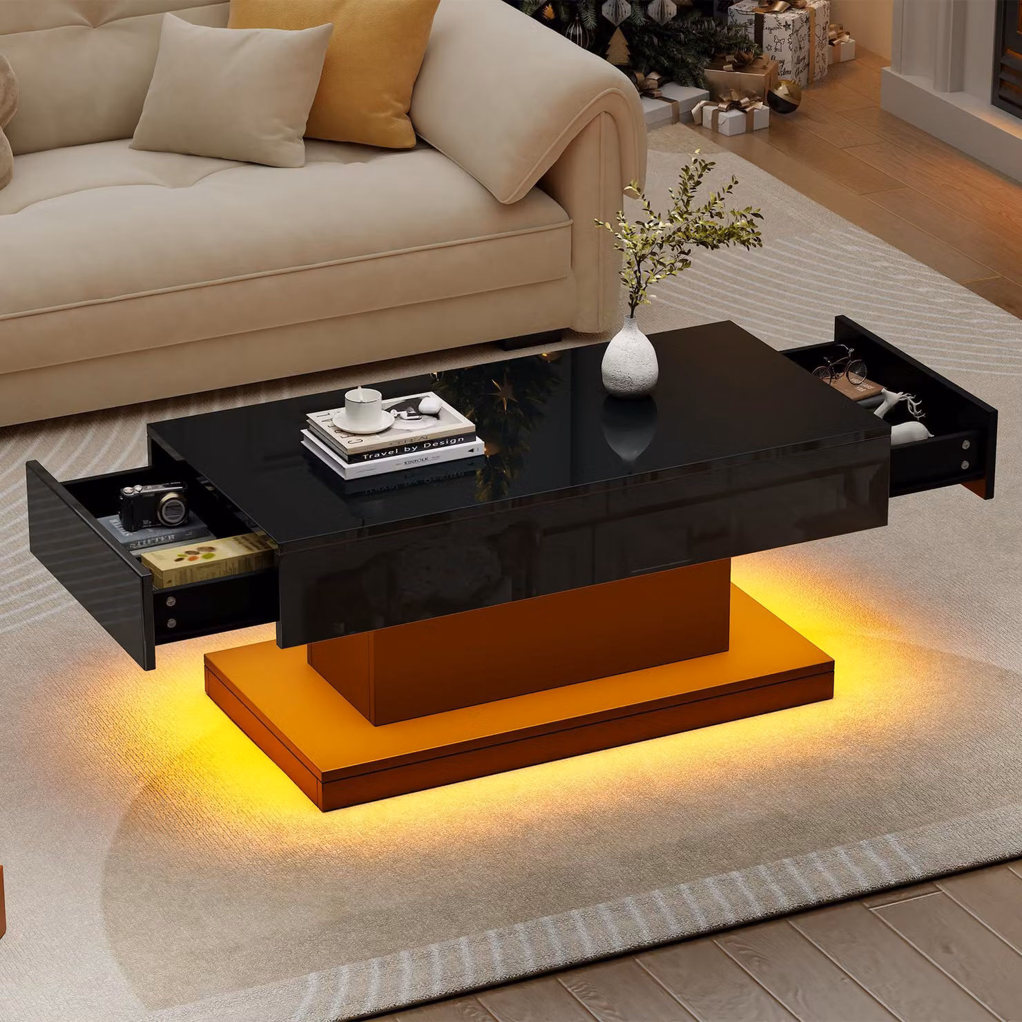 STILVORA Tavolino da salotto lucido, tavolino da divano con striscia luminosa a LED dal design essenziale, tavolino con 2 cassetti, nero