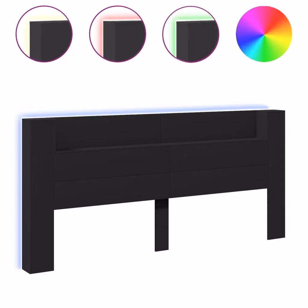 Testiera con Contenitore e Illuminazione LED Design Mania Nera con Ripiani e Porte USB L: 220 cm, P: 16,5 cm, H: 103,5 cm – 2