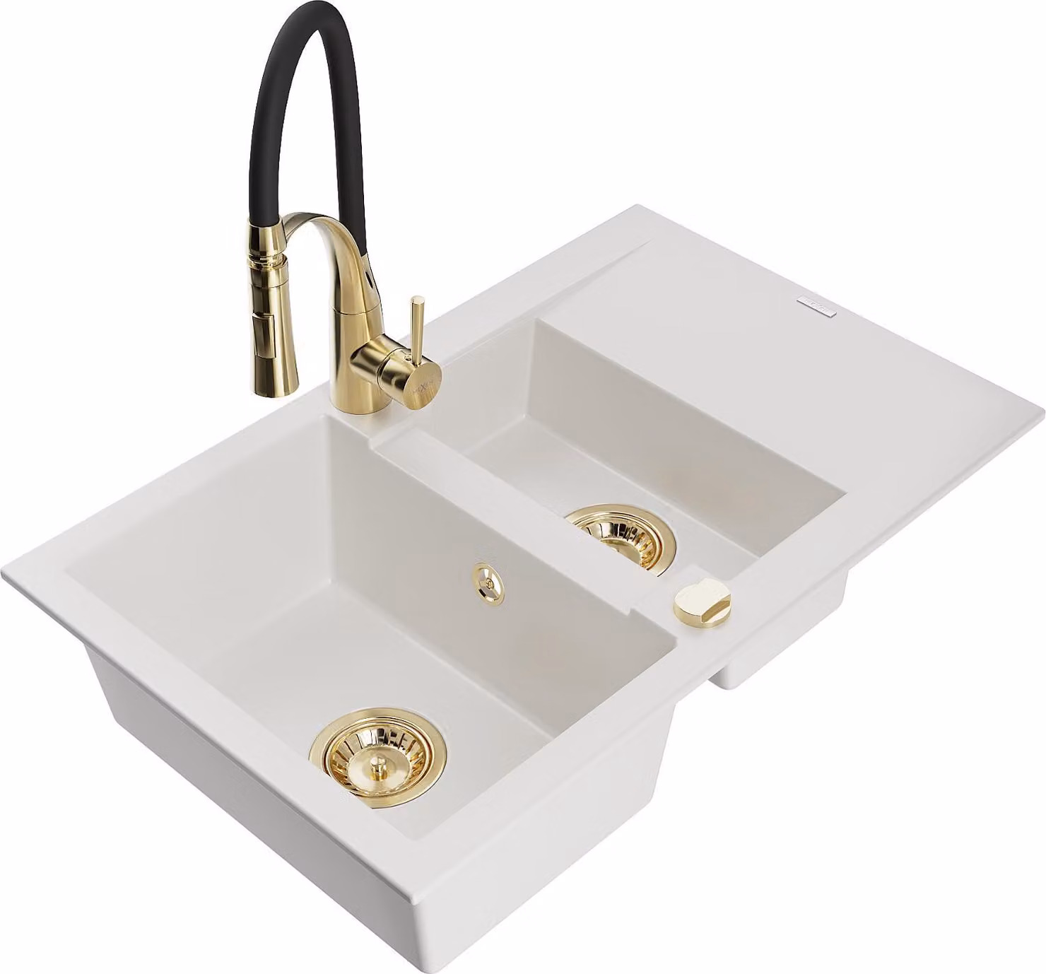 Mexen Gaspar lavello in granito 1,5 vasche con sgocciolatoio e miscelatore da cucina Aster, bianco - 6507-20-73450-57-G