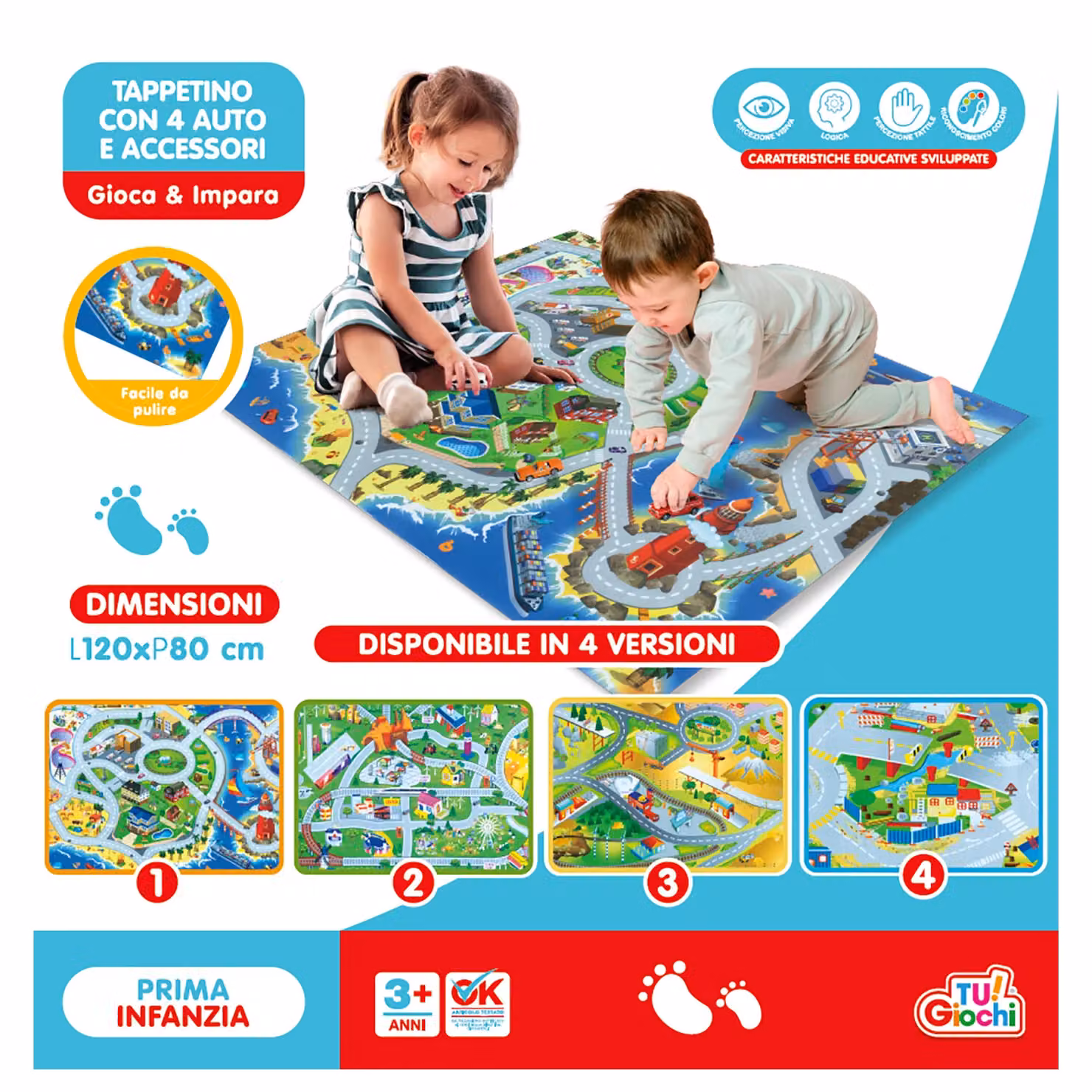 TU GIOCHI Tappeto Gioco con Strade, Veicoli e Accessori Multicolore L: 120 cm, P: 80 cm – 2