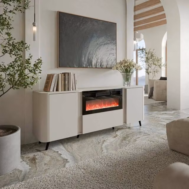 Credenza Briano, Madia da salotto con due ante battenti, anta a ribalta e camino elettrico, Rialzata da terra, 191x40 h69 cm, Beige