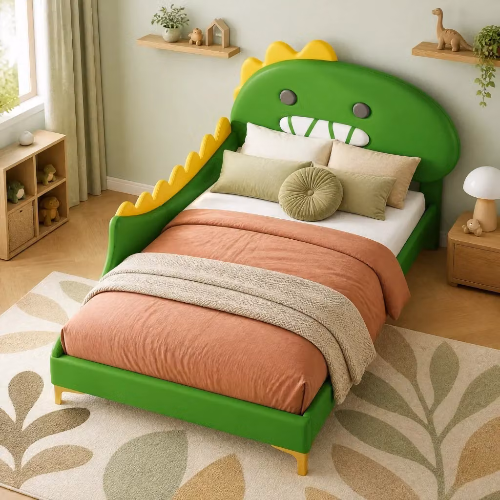 Letto per bambini a forma di dinosauro REDOM Verde in ecopelle e MDF L/P/H: 90 x 200 cm – 2