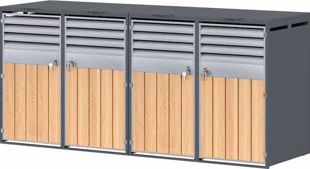 Cassonetto per bidoni con coperchio a ribalta idraulico e 4 ante con lamelle di ventilazione GL Store, L/P/H: 264 x 80 x 118,5 cm, Grigio e Colore naturale