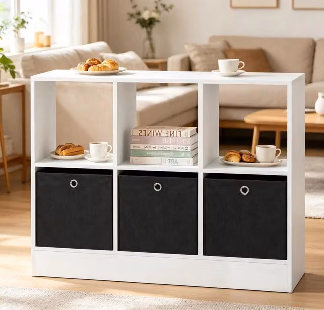 Libreria a cubi 80x30x61 cm con 3 cassetti in tessuto; legno ingegnerizzato bianco e nero