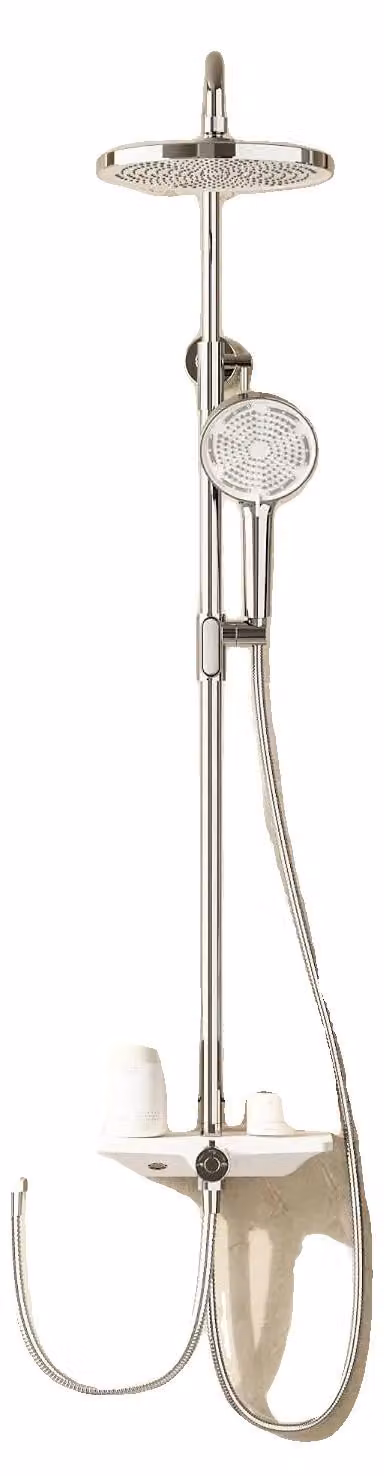 Sistema doccia regolabile in altezza, con soffione rotondo da 25 cm, realizzato in acciaio inossidabile, installazione a parete, con ripiano integrato
