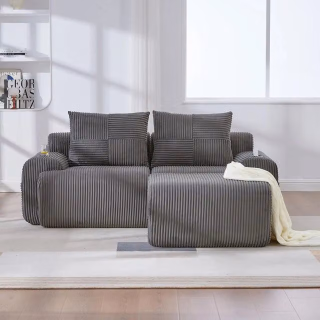 Divano 2 posti ¨C Minimal ¨C grigio scuro tessuto con poggiapiedi contenitore
