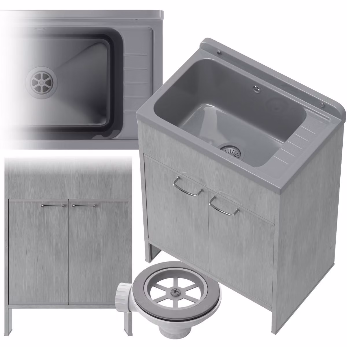 Granitan - Lavatoio - Lavandino 58x38 cm - Lavello grigio - con miscelatore e sifone - MONZA