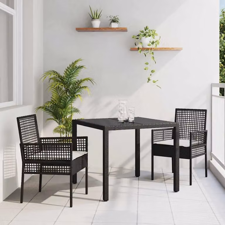 Set da pranzo per giardino e terrazzo vidaXL in polyrattan e vetro, 3 pezzi, Nero e Beige