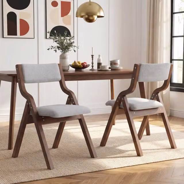 Set di 2 sedie da pranzo pieghevoli in legno massello e lino grigio