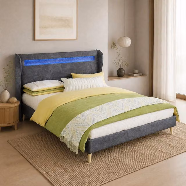 Letto imbottito 140 × 200 cm con testiera LED regolabile in tessuto e metallo grigio a piattaforma