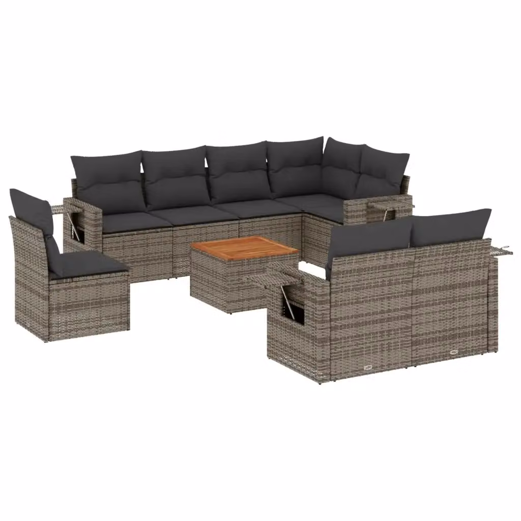vidaXL Set Divano da Giardino a L 9 pz in Polyrattan Grigio con Cuscini e Tavolino – 2