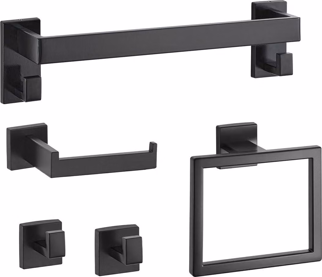 Set di accessori per bagno nero opaco, set di 5 accessori per bagno, portasciugamani in acciaio inossidabile da 40 cm, appendiabiti, 2 ganci per asciugamani, portarotolo per bagno, montaggio a parete
