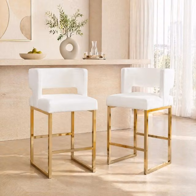 Set da 2 pezzi di sgabelli alti quadrati REDOM in ecopelle bianca e oro, Altezza: 91,4 cm