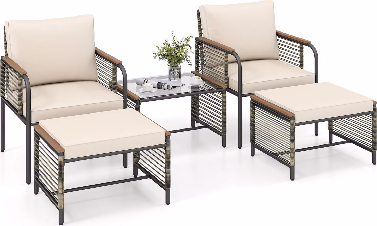 Set di mobili da giardino in polyrattan COSTWAY, set da balcone con 2 sedie con cuscini, sgabello e tavolo, mobili da terrazza, set da giardino, set di sedute beige