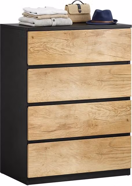 Cassettiera moderna con 4 cassetti per camera da letto, soggiorno o corridoio, colore nero e rovere