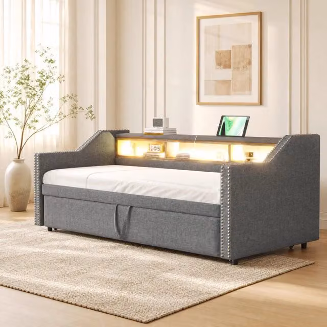 Divano letto 90/180 x 190 cm grigio chiaro in tessuto di juta con USB e LED