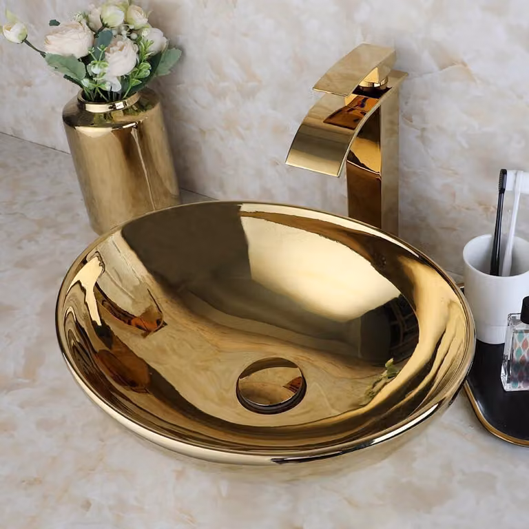Lavabo ovale in Vetroceramica, 41,5x34,5 cm, con rubinetteria, finitura oro