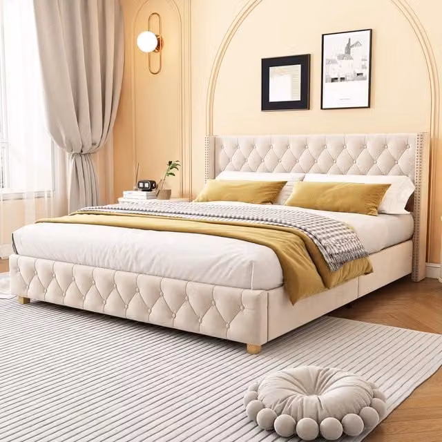 Letto imbottito con rete e testiera ¨C Minimal ¨C Velluto beige chiaro 160x200cm