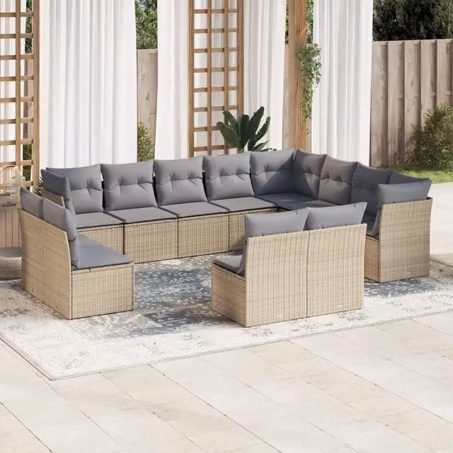 Set di Divani da Giardino VIDAXL a Forma di U in Polyrattan con Cuscini Beige, 12 Pezzi