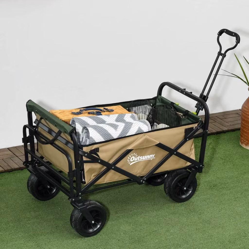 Carrello da Giardino GIORDANOSHOP con Maniglia Telescopica e Fondo Apribile in Acciaio e Tessuto Oxford Beige e Verde – 2