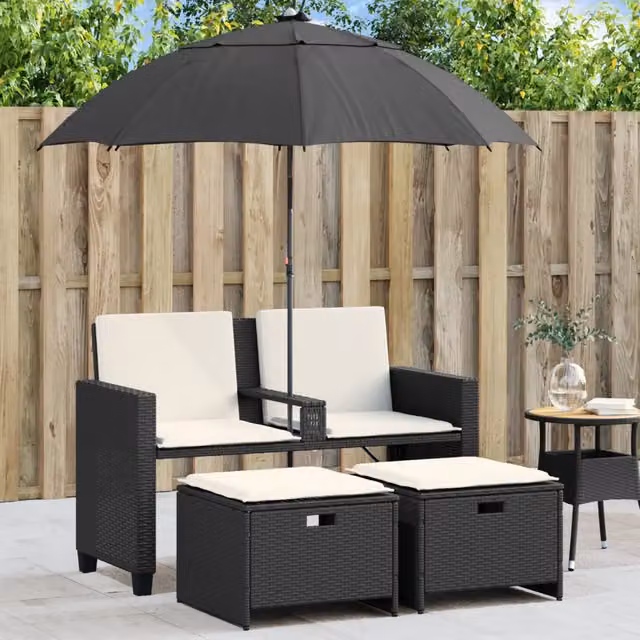 Divano Giardino 2 Posti-Sofa da Giardino-Divanetto da esterno Ombrellone e Sgabelli Nero Polyrattan 231656
