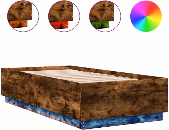 Letto singolo moderno in legno multistrato Rovere Fumo con luci LED sottobasso e porta USB L/P/H: 193 x 78 x 40 cm