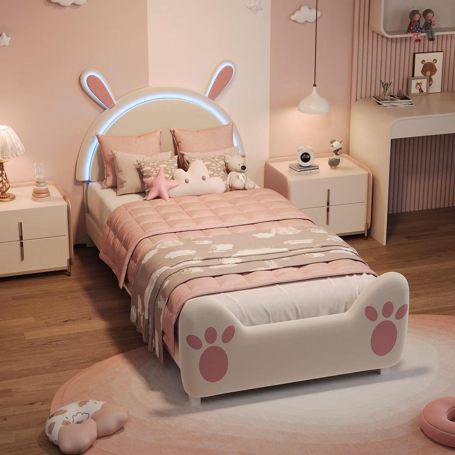 UnboxG Lettino 90x200 cm con motivo coniglietto, luce di lettura a LED sulla testiera, letto imbottito Cartoon Softbett per cameretta dei bambini
