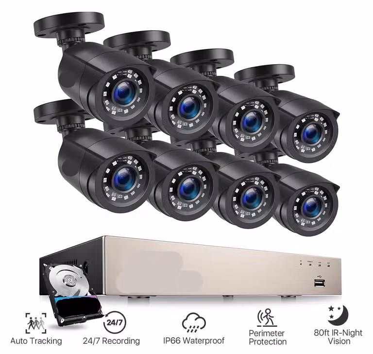 Sistema di videosorveglianza - Registratore video digitale (DVR) a 8 canali - 8 telecamere IP resistenti all'acqua (grado di protezione IP66), risoluzione 1080p - Visione notturna - Colore nero