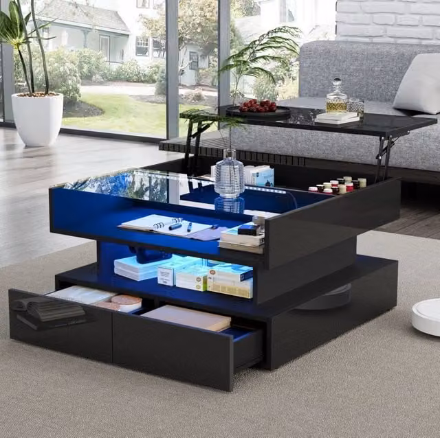 Tavolino da caffè 80x80x45 cm nero con piano sollevabile, LED, vetro temperato e 2 cassetti