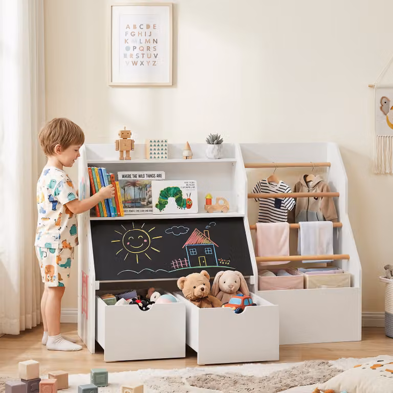 Costway Scaffale per giocattoli bianco con lavagna ribaltabile, cassetti, aste appendiabiti e 2 ripiani aperti per cameretta bambini