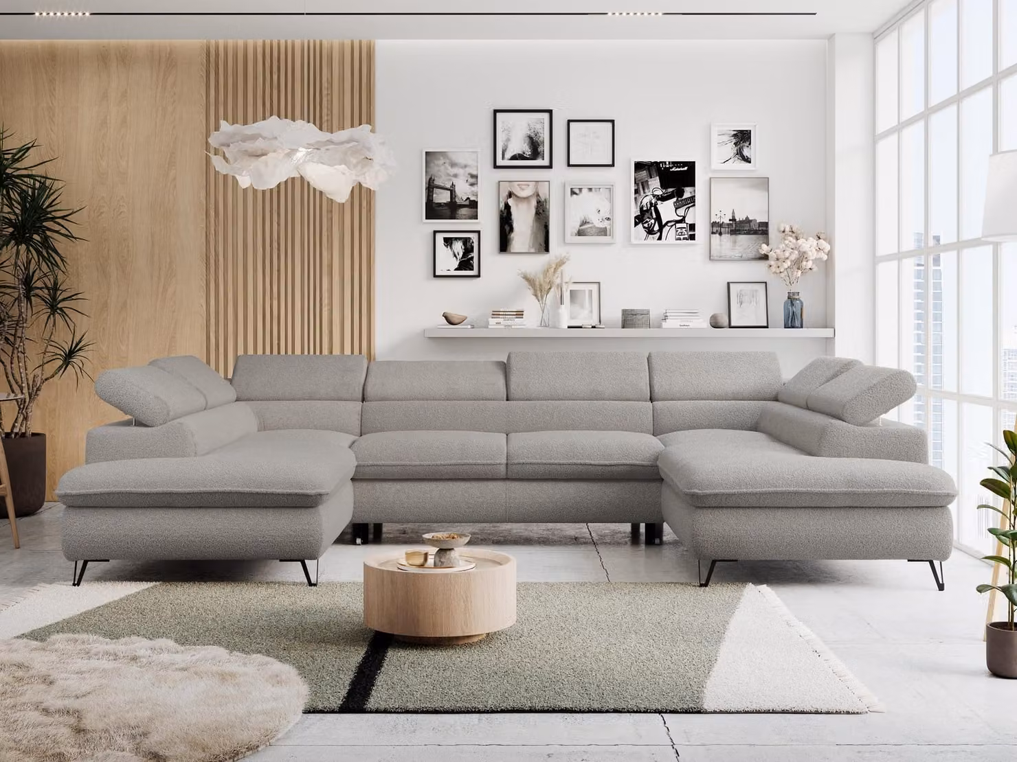 Divano ad angolo con funzione letto, contenitore, a forma di U, poggiatesta regolabili, divano da salotto - PETER U - Bouclé - Grigio chiaro