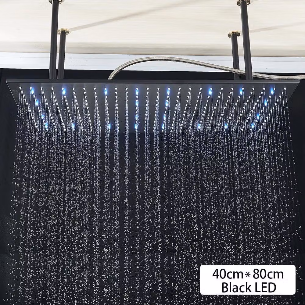 Pannello doccia a soffitto - LED - Modello singolo - Quadrato - Ottone - Installazione a incasso - Illuminazione LED alimentata ad acqua - Nero