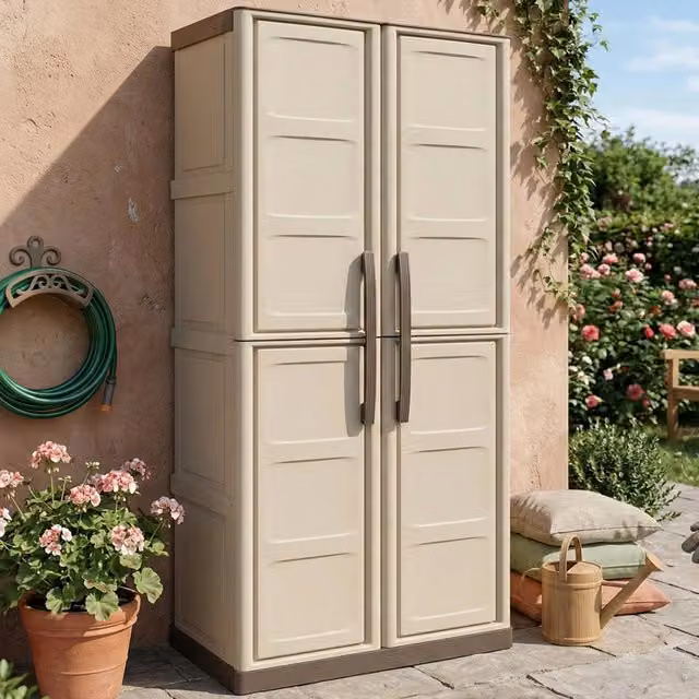 Armadio da giardino Adenina DMORA con 3 ripiani e serratura, colore beige, L: 70 cm, P: 39 cm, H: 165 cm – 1