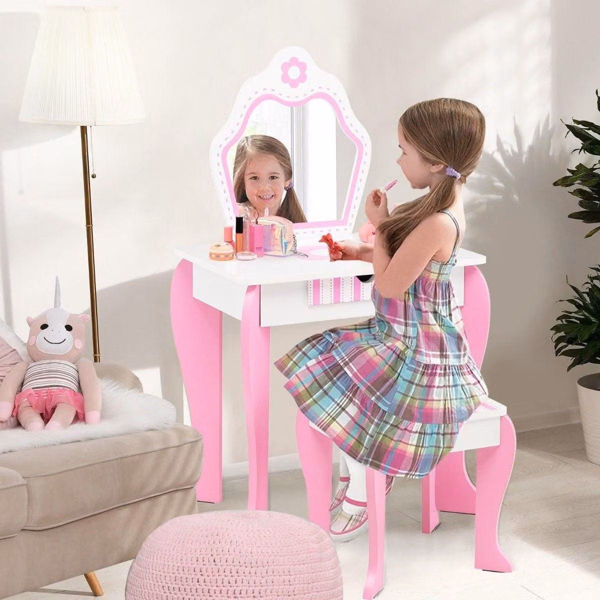 Set toletta e sgabello per bambini con specchio e cassetto 49 x 34 x 86,5 cm rosa
