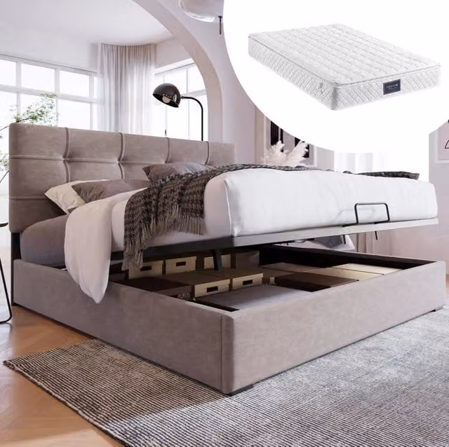 Letto matrimoniale 140x200 cm in velluto grigio chiaro con contenitore e materasso H3
