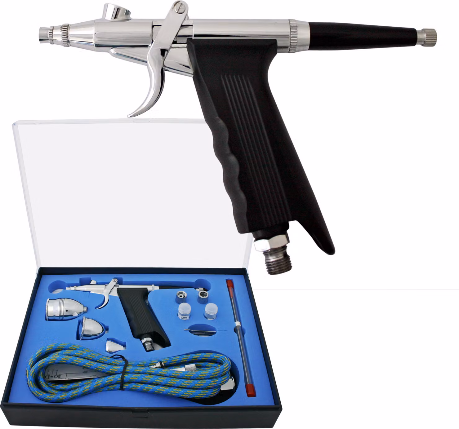 Set di pistole per aerografo Wiltec tipo 116AK con funzione a doppia azione, ago e ugello Ø 0,2-0,5 mm, 3 tazze di colore, adattatore per modellismo, nail art ecc.