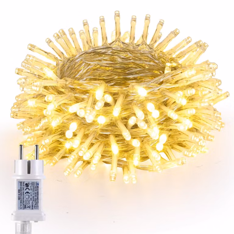 Catena luminosa a LED, 10 metri, 100 LED bianco caldo, grado di protezione IP44, timer, 8 modalità